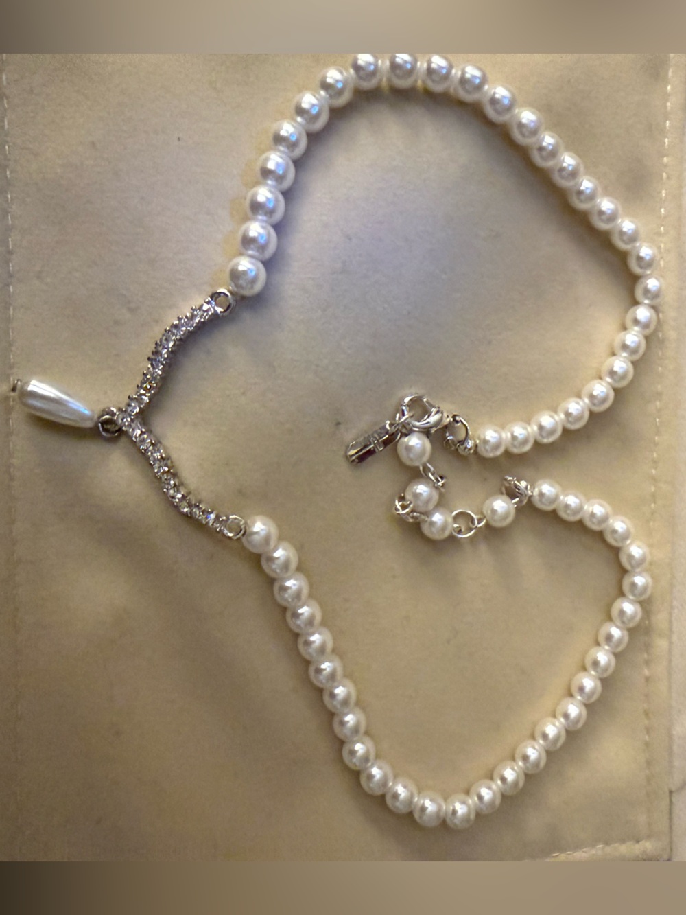 Christina White faux Pearl Necklace with Crystal Y-Drop Accent
